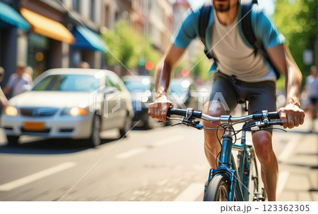 Cyclist or commuter who travels around the city by bike in summer, goes to work, does errands or shopping 123362305