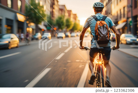 Cyclist or commuter who travels around the city by bike in summer, goes to work, does errands or shopping 123362306