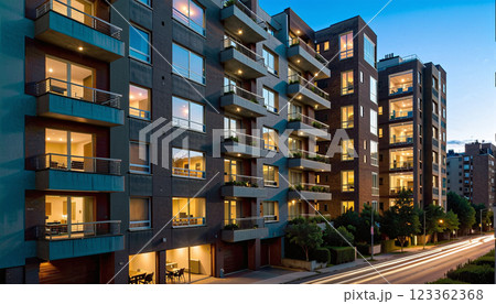 modern newly built apartment complex near the city center in the evening, urban development and inner-city housing shortage modern newly built apartment complex near the city center in the evening, urban development and inner-city housing shortage 123362368