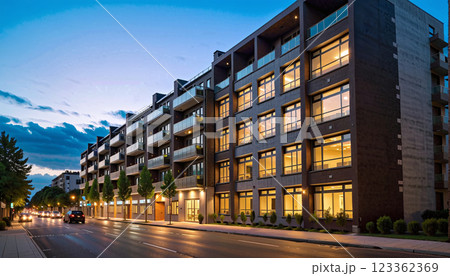 modern newly built apartment complex near the city center in the evening, urban development and inner-city housing shortage modern newly built apartment complex near the city center in the evening, urban development and inner-city housing shortage 123362369