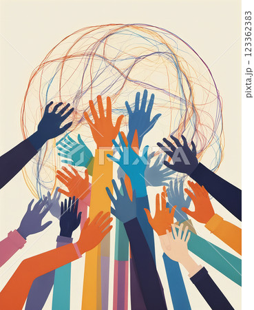 illustrative representation of different hands and arms moving towards each other, symbolizing diversity, understanding, teamwork and rapprochement 123362383