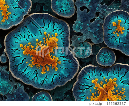 Microscopic magnification of spreading and growing molds or mold fungus on organic tissue producing toxic poisons 123362387