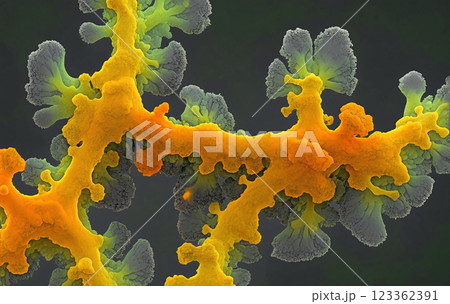Microscopic magnification of spreading and growing molds or mold fungus on organic tissue producing toxic poisons 123362391