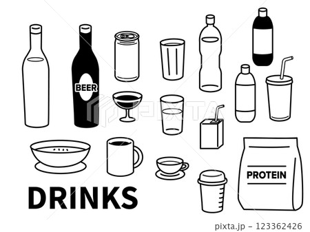 シンプルないろいろな飲物のイラストセット　モノクロ 123362426