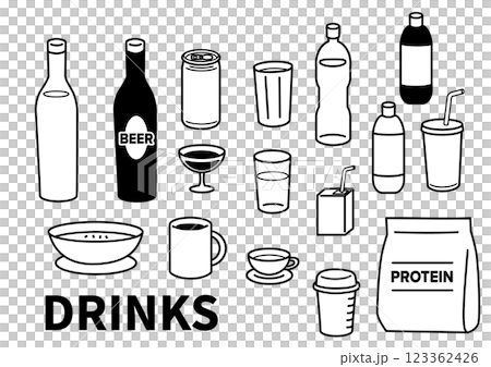 シンプルないろいろな飲物のイラストセット　モノクロ 123362426