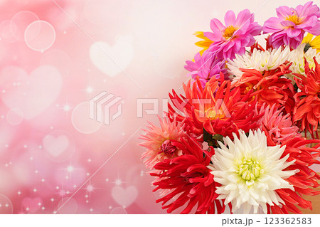Beautiful autumn banner with dahlias and asters with space for text, abstract floral arrangement, holiday card, seasonal still life hello autumn, selective focus. 123362583