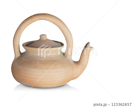 side view antique brown clay teapot on white background, object, vintage, decor, fashion, copy space side view antique brown clay teapot on white background, object, vintage, decor, fashion, copy space 123362657