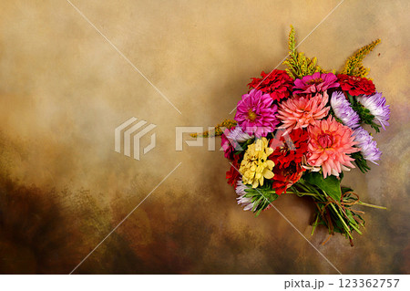 Bouquet of dahlias, asters, buttercups on old concrete background, autumn banner for advertising products, Abstract floral arrangement flat lay. Country style, holiday card, 123362757