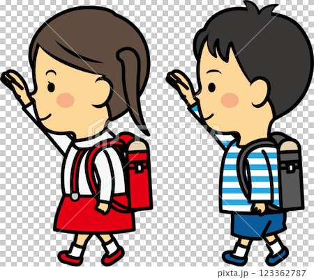 小學男生和女生舉手背著書包走路 小學男生和女生舉手背著書包走路 123362787