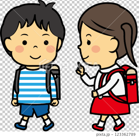 ランドセルを背負って話しながら歩く小学生男女 123362789