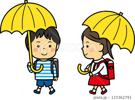 傘をさす小学生男女 123362791