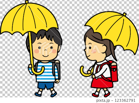 傘をさす小学生男女 123362791
