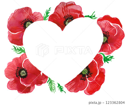 Heart and poppies.  Bird sitting on a tree branch. Hand drawn watercolour illustration 123362804