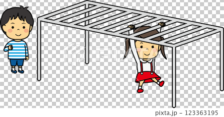 在單槓上玩耍的小男孩和小女孩 123363195