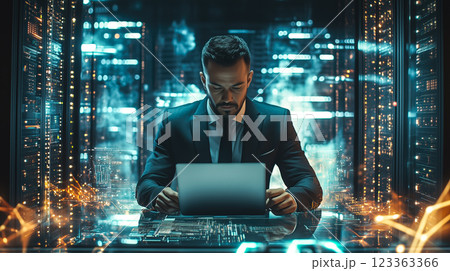 An IT support specialist uses a tablet while working in a server room. The concept of network management, data security, and technology maintenance. Generative AI. An IT support specialist uses a tablet while working in a server room. The concept of network management, data security, and technology maintenance. Generative AI. 123363366