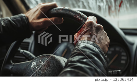 A man driving a car is experiencing an accident. The concept of road safety, danger, and the importance of cautious driving. Generative AI. 123363414