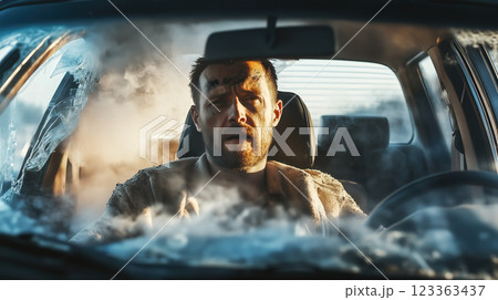 A man driving a car is experiencing an accident. The concept of road safety, danger, and the importance of cautious driving. Generative AI. 123363437