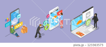 3D Isometric Flat Vector Illustration of Data Security in E-commerce, AI In Online Shopping 123363573