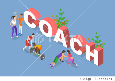 3D Isometric Flat Vector Illustration of Fitness Coach, Personal Trainer Workout 123363574