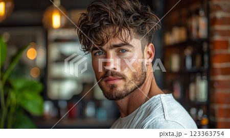 man showcases relaxed quiff hairstyle within casual barbershop. His voluminous top contrasts short tapered sides creating stylish look in inviting environment. man showcases relaxed quiff hairstyle within casual barbershop. His voluminous top contrasts short tapered sides creating stylish look in inviting environment. 123363754