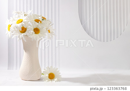Beautiful daisies in a vase on an elegant modern background with space for text, summer banner for product advertising, abstract floral arrangement, holiday card, selective focus. Beautiful daisies in a vase on an elegant modern background with space for text, summer banner for product advertising, abstract floral arrangement, holiday card, selective focus. 123363768