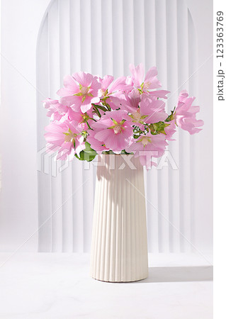 Beautiful mallow flowers in a vase on an elegant modern background, summer banner for product advertising, abstract floral arrangement, holiday card, selective focus. Beautiful mallow flowers in a vase on an elegant modern background, summer banner for product advertising, abstract floral arrangement, holiday card, selective focus. 123363769