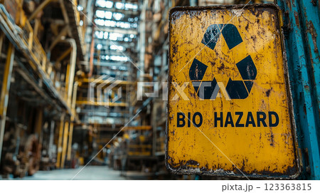 bold black biohazard symbol is set against bright yellow background warning not enter. sign shows signs of wear and is framed industrial environment. 123363815