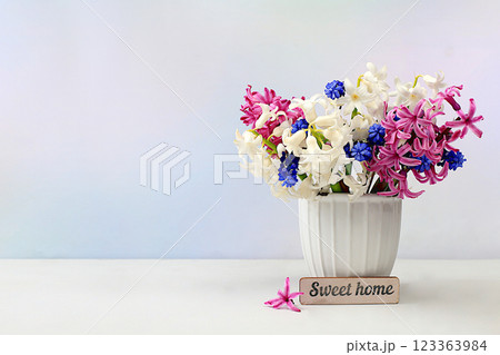 Beautiful spring flowers hyacinths and muscari in a vase on a light background, flyer.Abstract floral composition, still life with space for text, floral holiday card, summer greeting concept, Beautiful spring flowers hyacinths and muscari in a vase on a light background, flyer.Abstract floral composition, still life with space for text, floral holiday card, summer greeting concept, 123363984