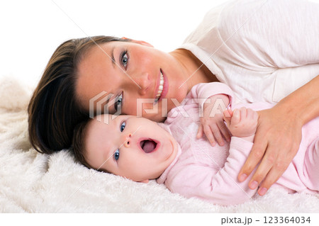 Baby girl yawning open mouth with mother care near 123364034