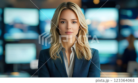 凛として美しい白人の女性ニュースキャスターのイメージ 123364068