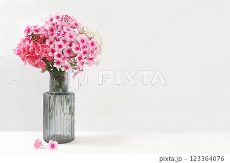 Abstract floral composition.Beautiful phlox flowers in a vase on a light background, Home interior with decor elements, still life with place for text, floral card for birthday, wedding, selective Abstract floral composition.Beautiful phlox flowers in a vase on a light background, Home interior with decor elements, still life with place for text, floral card for birthday, wedding, selective 123364076