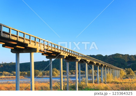 【静岡県】夕日を浴びる蓬萊橋 123364325