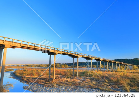 【静岡県】夕日を浴びる蓬萊橋 123364329