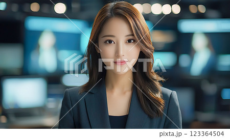 凛として美しい若い女性ニュースキャスターのイメージ 123364504