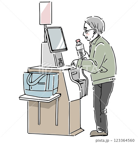 困った顔をしてセルフレジで決済する高齢男性 困った顔をしてセルフレジで決済する高齢男性 123364560