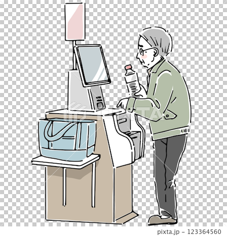 困った顔をしてセルフレジで決済する高齢男性 困った顔をしてセルフレジで決済する高齢男性 123364560