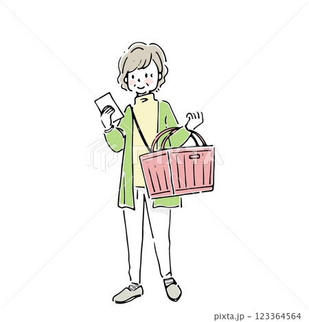 レジカゴを持って買い物をする高齢女性 123364564