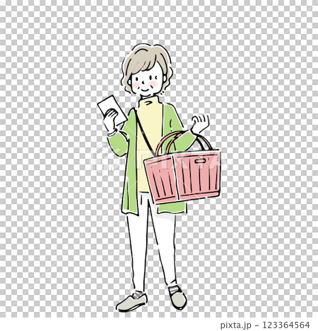 レジカゴを持って買い物をする高齢女性 123364564