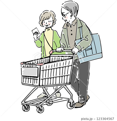 ショッピングカートで買い物をする高齢夫婦 123364567