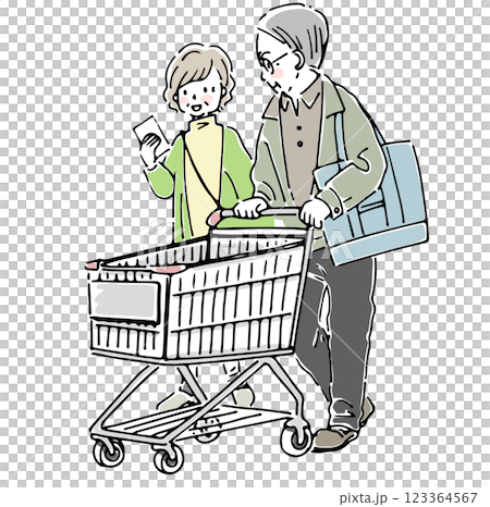一對老年夫婦推著購物車購物 123364567