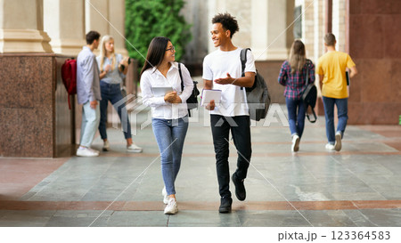 Happy diverse students walking in college campus during break and talking, copy space Happy diverse students walking in college campus during break and talking, copy space 123364583