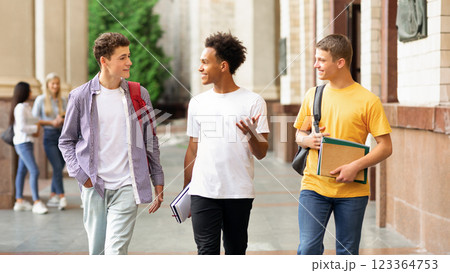 University life. Guys walking in campus and chatting during break outdoors University life. Guys walking in campus and chatting during break outdoors 123364753
