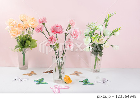 Holiday concept with flowers, spring or summer composition, still life, flowers in a vase, banner. Mother's day card, happy birthday, wedding, flower shop advertisement, selective focus, 123364949