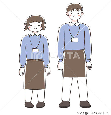 エプロンを付けた笑顔の男女の手描きイラストセット 123365163