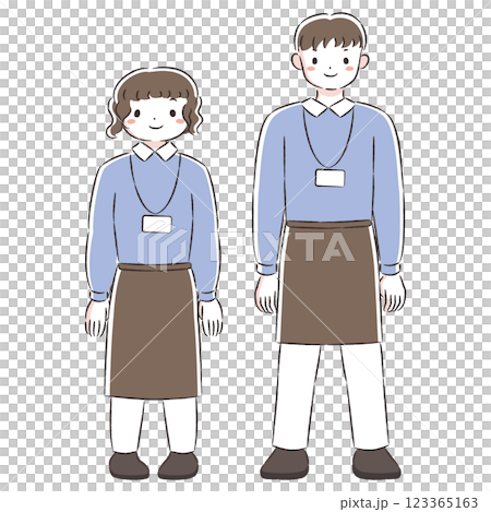 エプロンを付けた笑顔の男女の手描きイラストセット 123365163