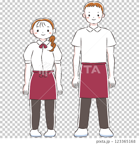 手繪插畫集微笑的男人和女人穿著圍裙 手繪插畫集微笑的男人和女人穿著圍裙 123365168