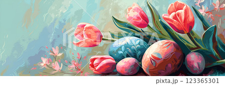 Colorful Easter eggs and flowers on a bright background 123365301
