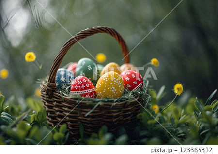 Basket of colorful Easter eggs, copy space 123365312