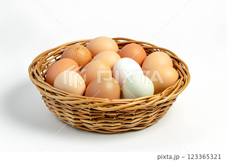 Basket of fresh bio farm eggs, copy space 123365321