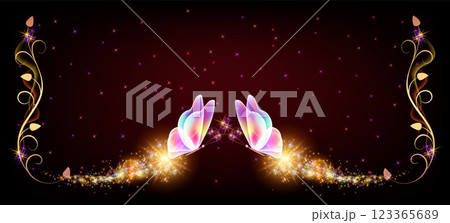 Flying delightful butterflies with sparkle trail flying in night sky among glowing stars in cosmic space. Flying delightful butterflies with sparkle trail flying in night sky among glowing stars in cosmic space. 123365689